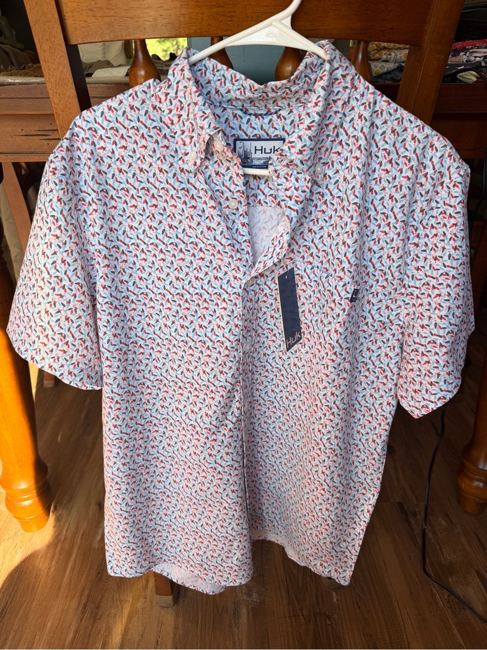 Huk Short Sleeve Button-Up Shirt in White with Red and Blue lures Print